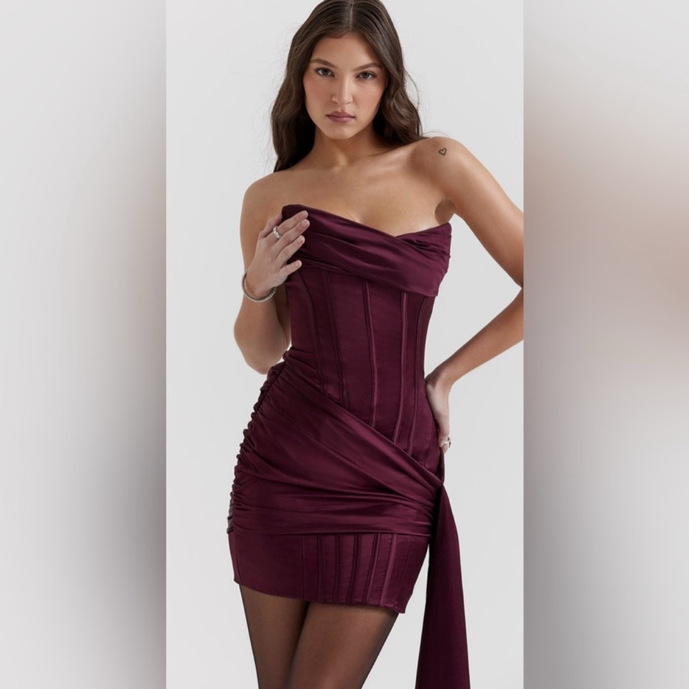 House of CB Loubella Mulberry Burgundy/Maroon Strapless Corset Dress (Medium)